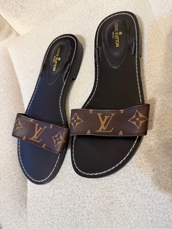 Louis Vuitton Shoes - FlAWED Louis Vuitton Brown Monogram Slide Sandals with Black Footbed